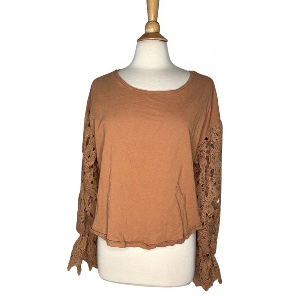 Umgee Tan Cropped Blouse Statement Sleeves Sheer Floral Elastic Boho Bohemian